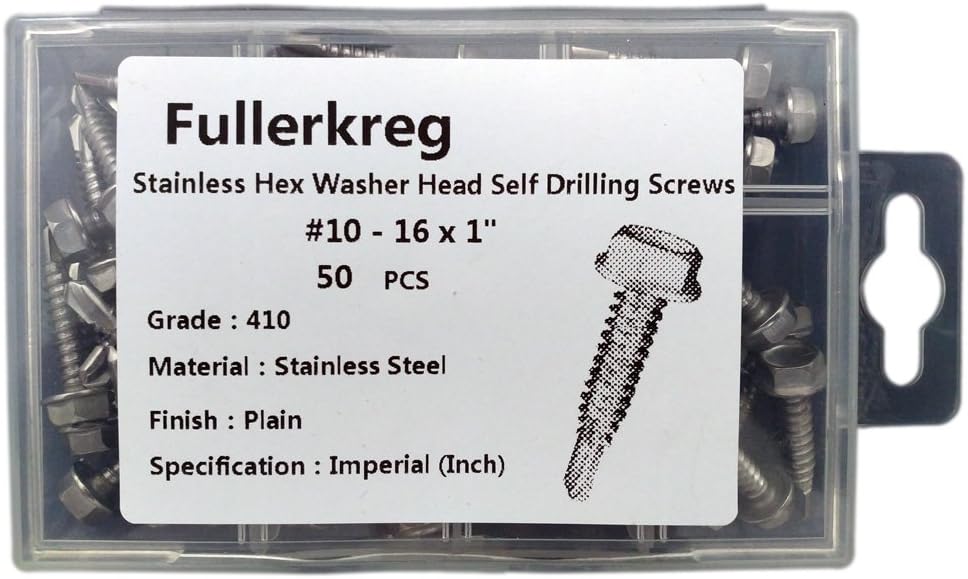 FullerKreg #10 x 1" Stainless Hex Washer Head Self Drilling Screws, (50 Pack) 410 Stainless Steel,Hex - Unslotted Drive,Self Tapping