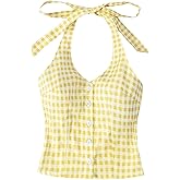 Milumia Women's Gingham Plaid Halter Top Tie Backless Sleeveless Button Front Crop Tank Tops