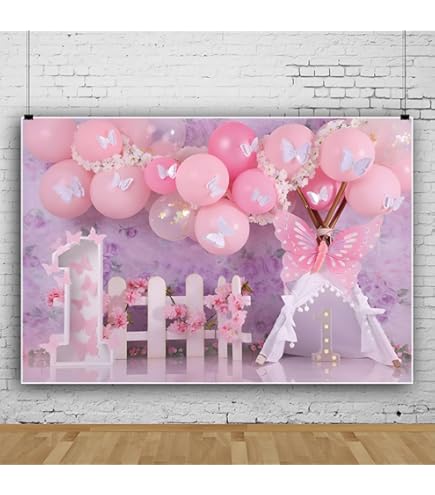 Wonderland Flowers Butterfly Balloons Backdrop For Girl 1st One Year Old First Birthday Cake Smash Decor Backdrop Photo Studio Photography Background | IE - View #4