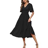 Kormei Women's V Neck Short Sleeve Boho Smocked Long Flowy Summer Dress Wedding Guest Engagement Dresses