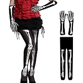 2pcs Halloween Skeleton Costume Footed Tights Gloves Set,Spider Web Print Stockings Role Playing Accessories (One Size)