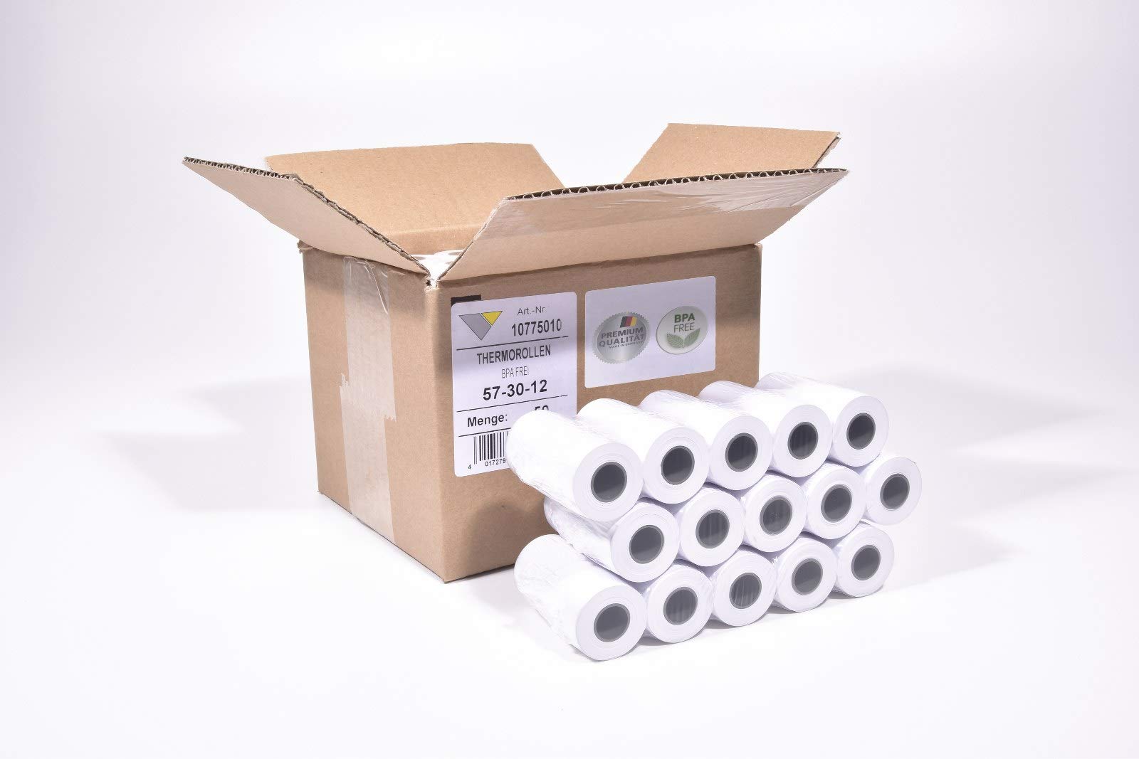 50 EC thermal rolls, unprinted, 57 mm x 9 m x 12 mm, roll diameter 30 mm, thermal paper thickness 55 g/m², without print.