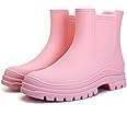 Hsttgsr Women's Rain Boots, Comfortable Elastic Adult Ankle Booties, Fashion Mid Heel Chelsea Boots, Waterproof Non-Slip Chunky Platform Lug Sole Short Garden Boots