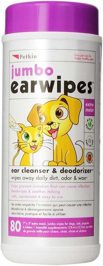 Petkin Jumbo Ear Wipes White 80pk Gentle Cleanser Deodorizer