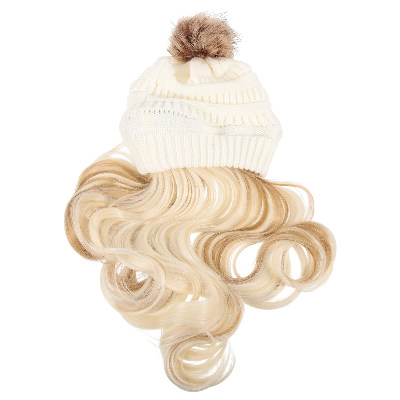 Lurrose Beanie with Hair Attached, Wavy Wig Hat Knit Winter Cap Extension Accessories for Women Ladies, Removable Wig