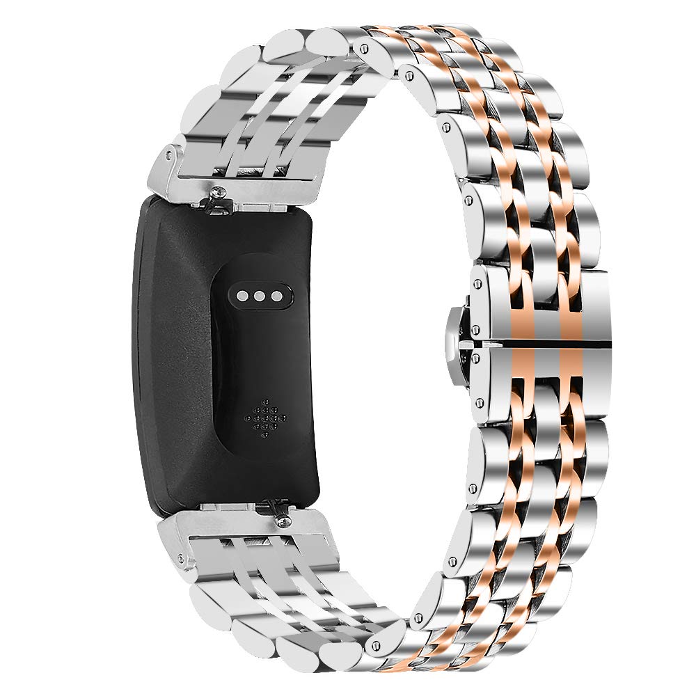 Ginamart Compatible with Fitbit Inspire 2/Inspire HR Strap, Women Men Metal Stainless Steel Replacement Watch Strap Accessory Wristband for Fitbit Inspire (Silver+Rose Gold)