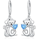 Monkey Earrings for Women 925 Sterling Silver Cute Monkey Holding Heart Cut Aquamarine Drop Dangle Earrings