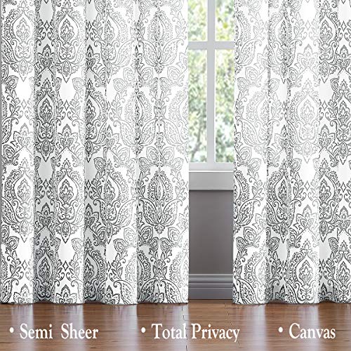 FMFUNCTEX White Grey Curtains for Living Room 84 Inch Long Damask Print