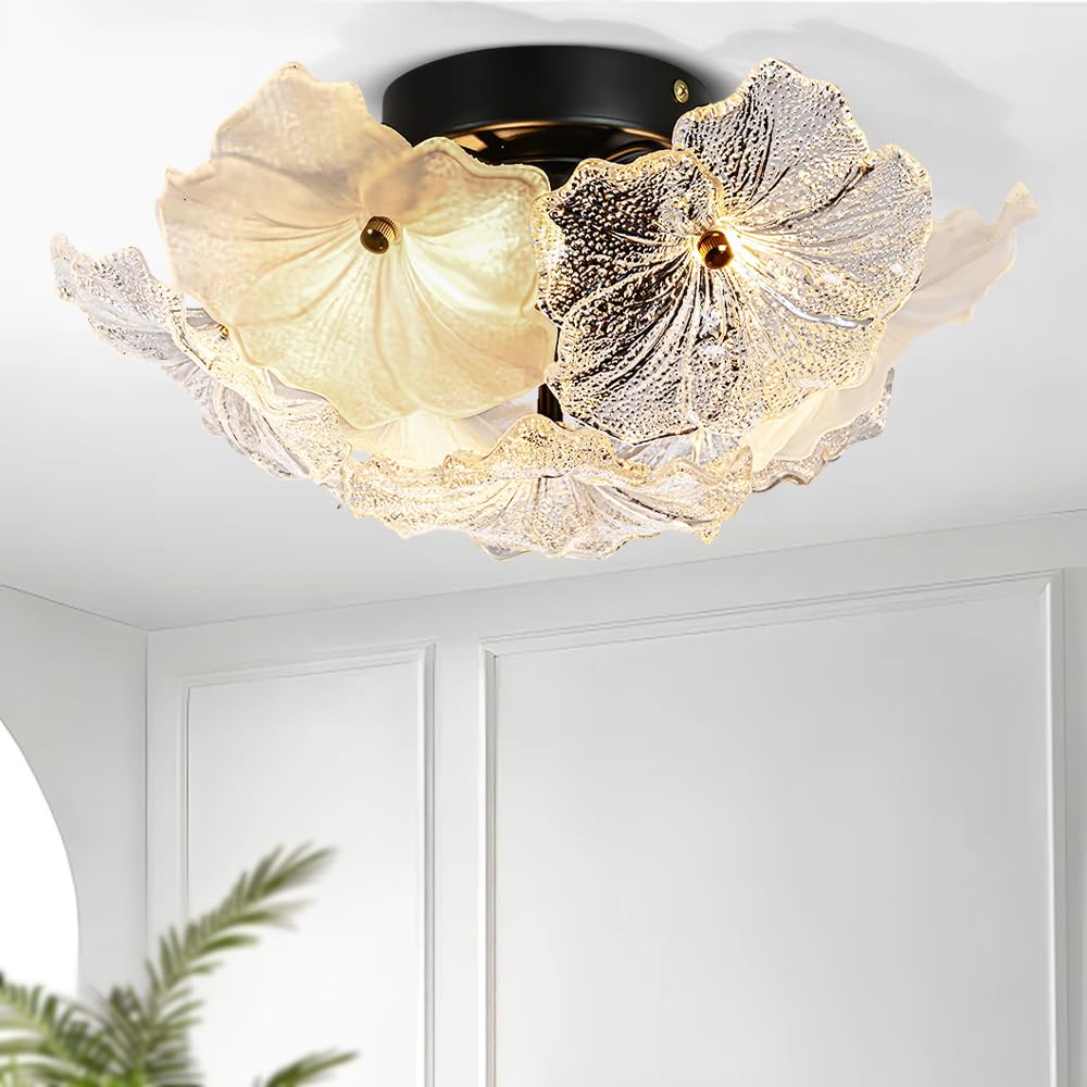 Photo 1 of MXGQHTUY Vintage Floral Glass Flush Mount Ceiling Light, Textured Flower Shade Art Deco Ceiling Fixture, Clear & Frosted Glass Semi-Flush Mount for Bedroom Living Room Hallway