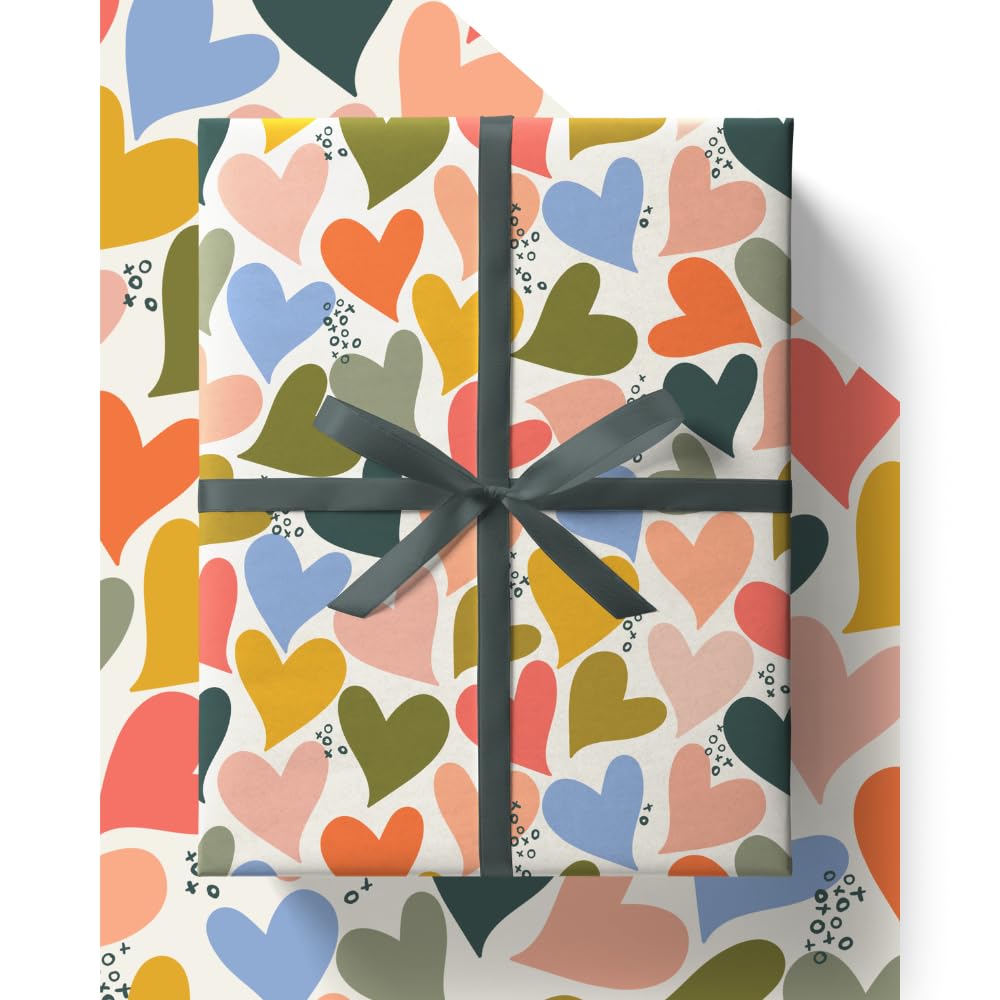 Colourful Hearts Wrapping Paper - HUGE 43% BIGGER [84cm x 60cm] Eco Friendly Recyclable Love Heart Gift Wrap for Anniversary, Wedding, Birthday, Valentines Day, Husband or Wife (4 Sheets & 4 Tags)