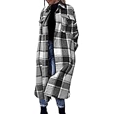 FindThy Women’s Long Plaid Shacket Wool Blend Button Down Shirt Jacket Coat with Pockets