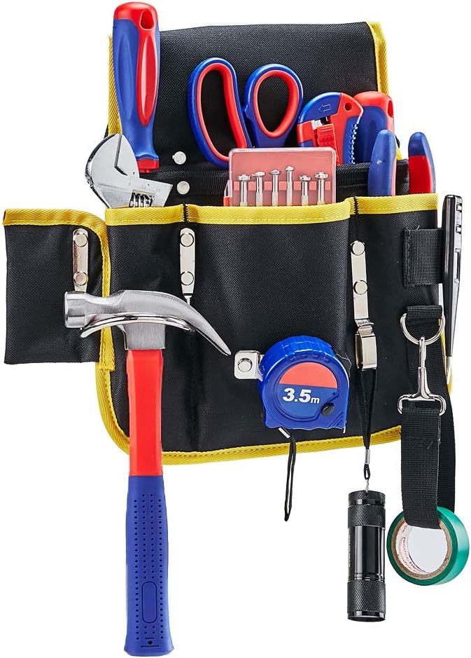 Heavy Duty Tool Pouch Bag, Technician and Electricianโs Waist Tool Bag with 5 Pockets, 1 Tape Dispenser Strap & 1 Hammer Holder