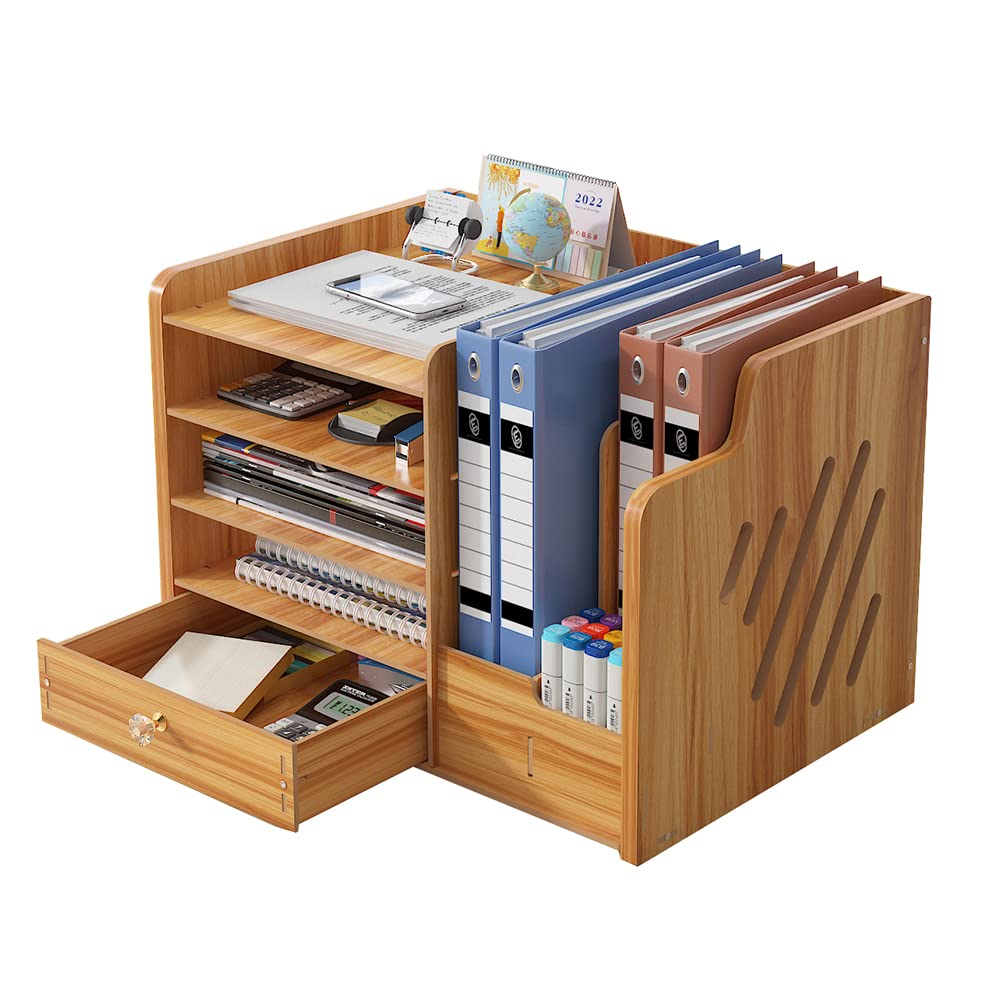 NUODWELL Wooden Desktop Organiser, Large Capacity Desk File Organiser Office Supplies Storage Holder File Rack for A4 Papers, Pens, Books, Letters and Documents (jb07-3 Cherry wood)