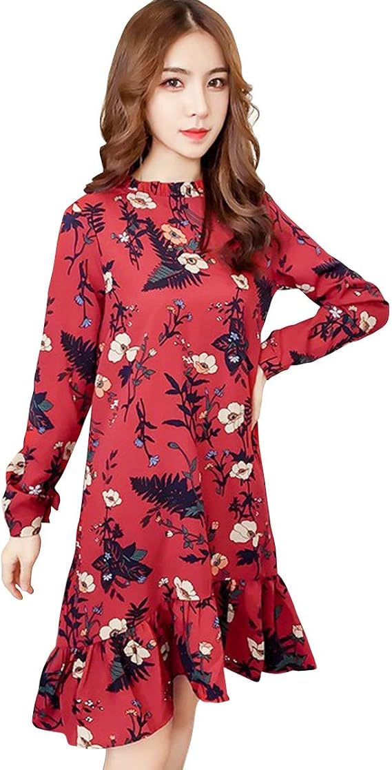 Amazon 大きいサイズ レディース ワンピース フリル フラワー ワンピース M 4xl Ll 2l 3l 4l 春秋 長袖 ワンピース チュニック 通販