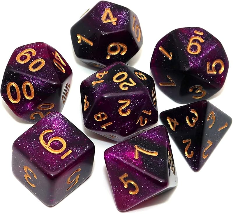 CREEBUY Black Purple Nebula Dice 7-Die Polyhedral DND Set with Bag