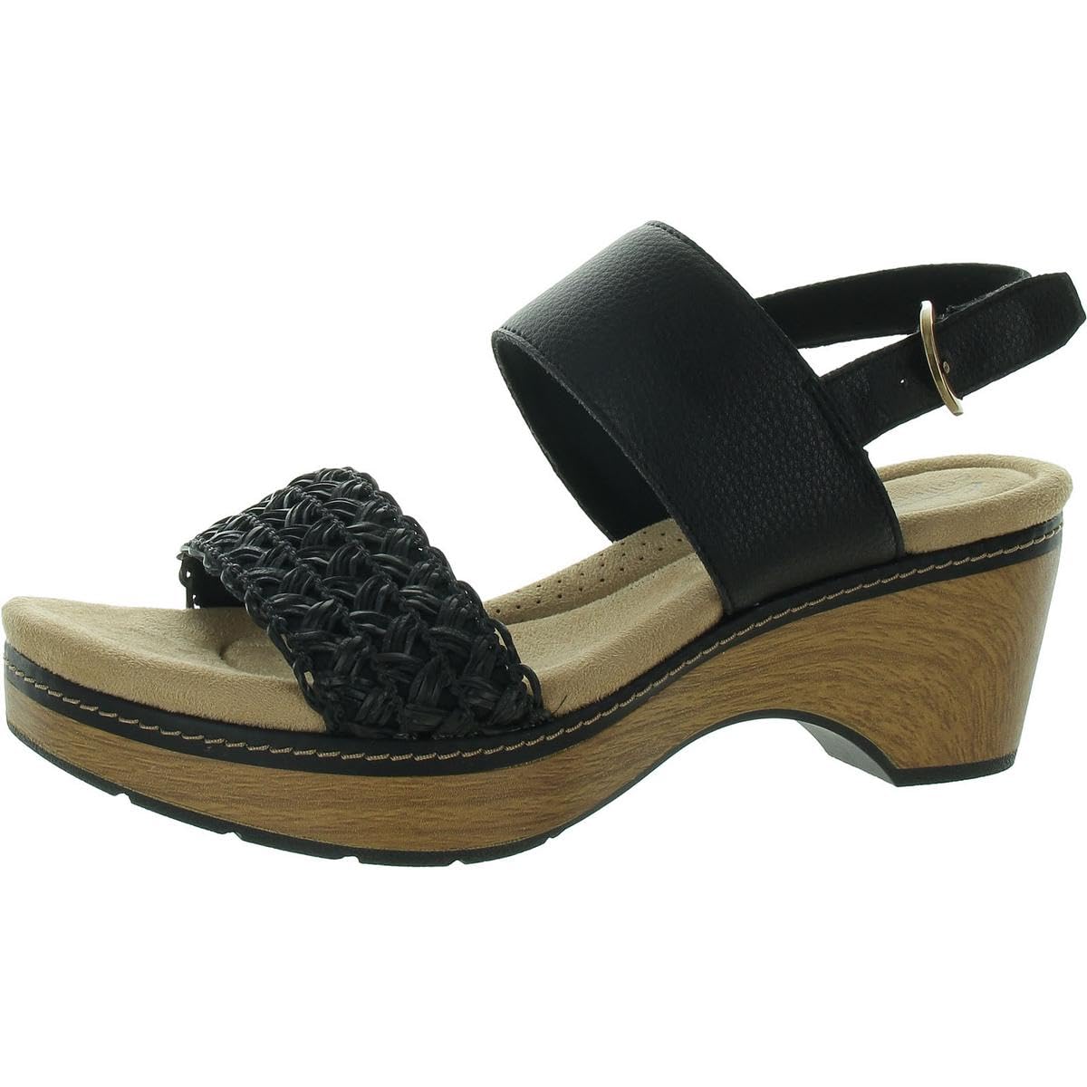 Clarks Women’s Seannah Step Wedge Sandal, Black Leather, 10 Wide