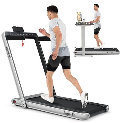Goplus 2 in 1 Folding Treadmill with Dual Display, 2.25HP Superfit Under Desk Treadmill with APP Control, Remote Control, Blue Tooth Speaker, Installation-Free, Walking Jogging for Home