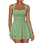 Kaximil Women's Square Neck Ruffle Hem Mini Dress Ruched Waist Short Party Dresses