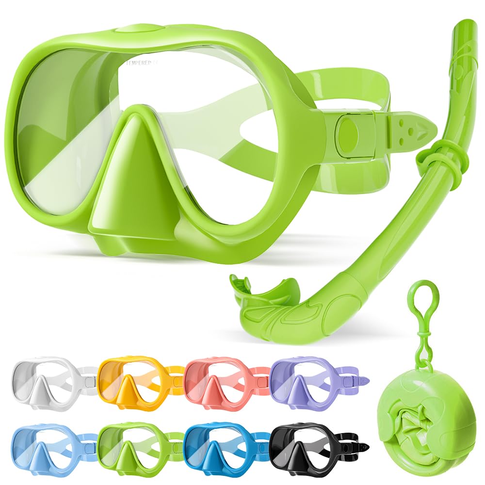 HINATAA Snorkel Set Adults, Fashionable Macaron Colors Frameless Snorkeling Mask, Ultra Wide View Anti-Fog Snorkel Mask Set, Portable Professional Diving Snorkeling Set (Green)
