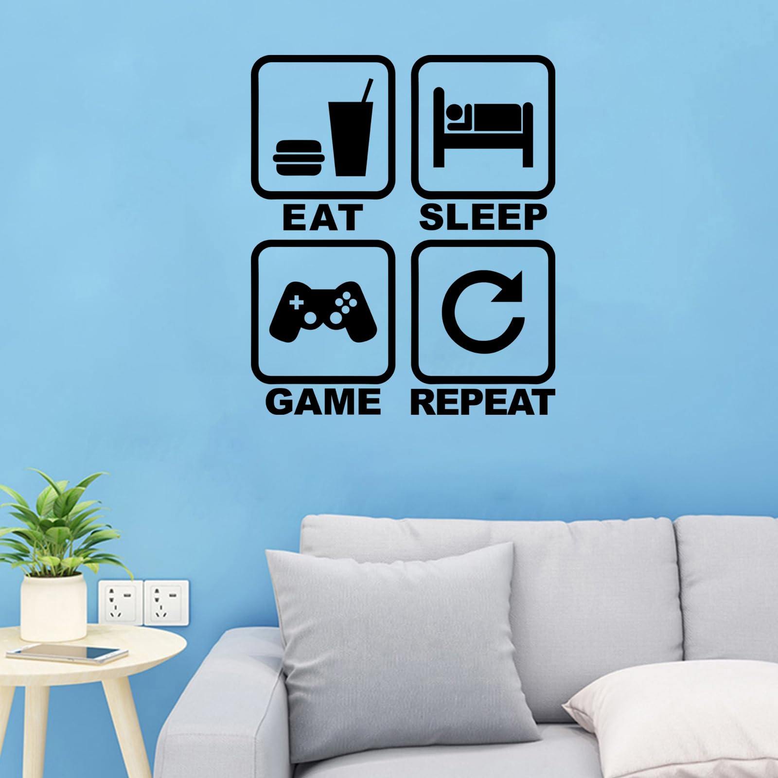 Eat Sleep Game Repeat Wall Decals, Game Themed Wall Stickers, Removable Vinyl Art Design Gamers Wall Murals Decor for Teen Kids Boys Playroom Bedroom Home Decoration