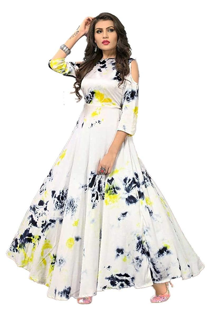 kesari king women's readymade satin printed gown(whiteyellowgown)