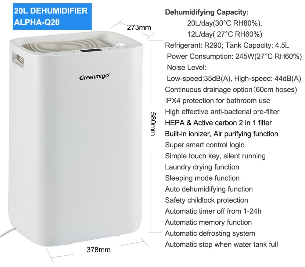 Greenmigo Luftentfeuchter 20L in 24h, Raumentfeuchter Entfeuchter mit HEPA & Aktivkohle 2in1 Vorfilter, Digitalanzeige, Ablaufschlauch, Wäschetrocknung, Timer, gegen Feuchtigkeit, Schimmel (ALPHA-Q20) 7