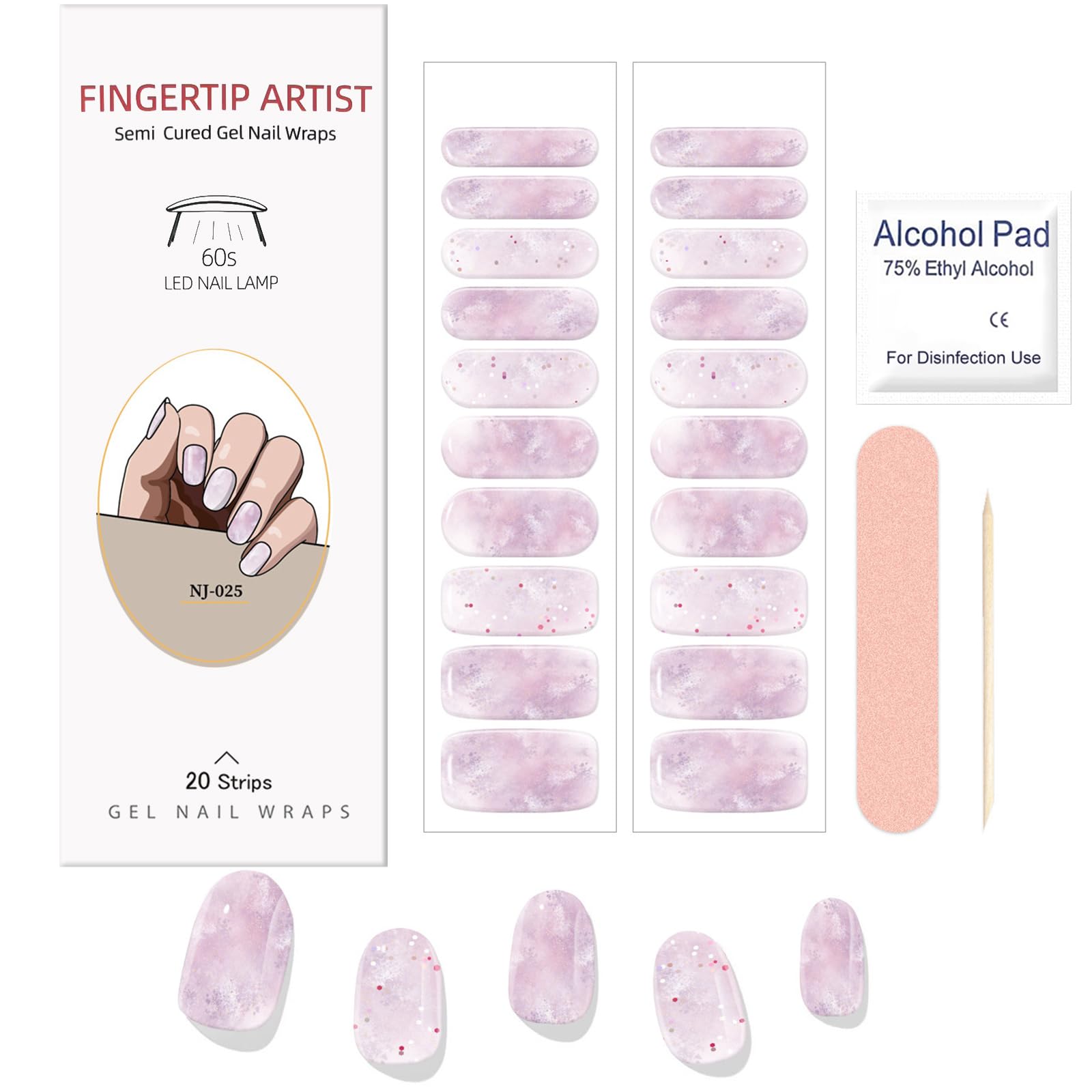 Boloshine 20Pcs Gel Nail Stickers, Semi Cured Gel Nail Strips French Tip Manicure, Salon-Quality Waterproof Gel Nail Wraps with Nail File & Wooden Stick, UV/LED Lamp Required - Pink Nebula