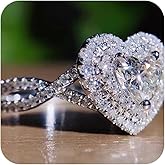 Sdouefos 18K White Gold Plated 925 Silver 5A Zircon Stone 925 Silver Engagement Wedding Band Ring for Women Luxury Micro Inlaid Heart-shaped Simulation Diamond Ring(10)