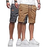 Poplee Men's 2 Pack Casual Twill Chino Shorts Slight Summer Beach Elasticity Cotton Shorts with Elastic Waist Drawstring