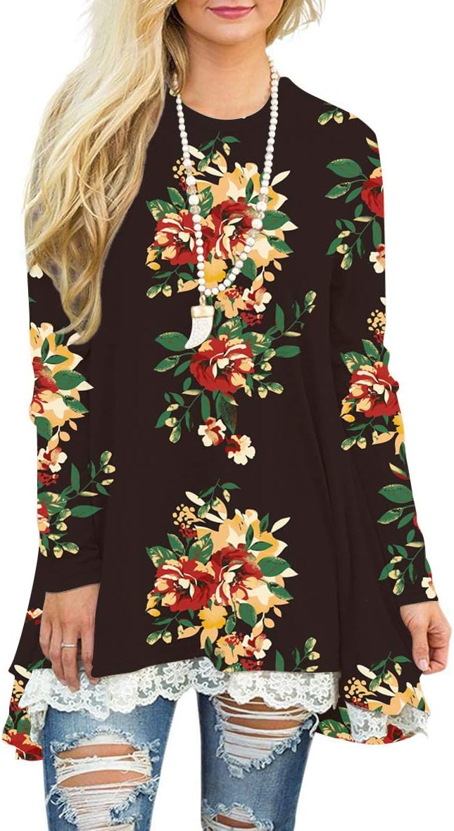 Women's Tops Long Sleeve Lace Scoop Neck A-line Tunic Blouse