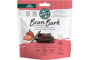 Remix Snacks Bean Bark with Strawberry, Dark (70% Cacao) Dark Chocolate Snack, Made with Black Beans and Upcycled Fruit High-