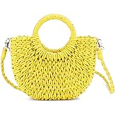 QTKJ Mini Semi-circle Rattan Straw Bag, Hand-woven Women Summer Retro Beach Tote Shoulder Bag Crossbody Travel Beach Bag