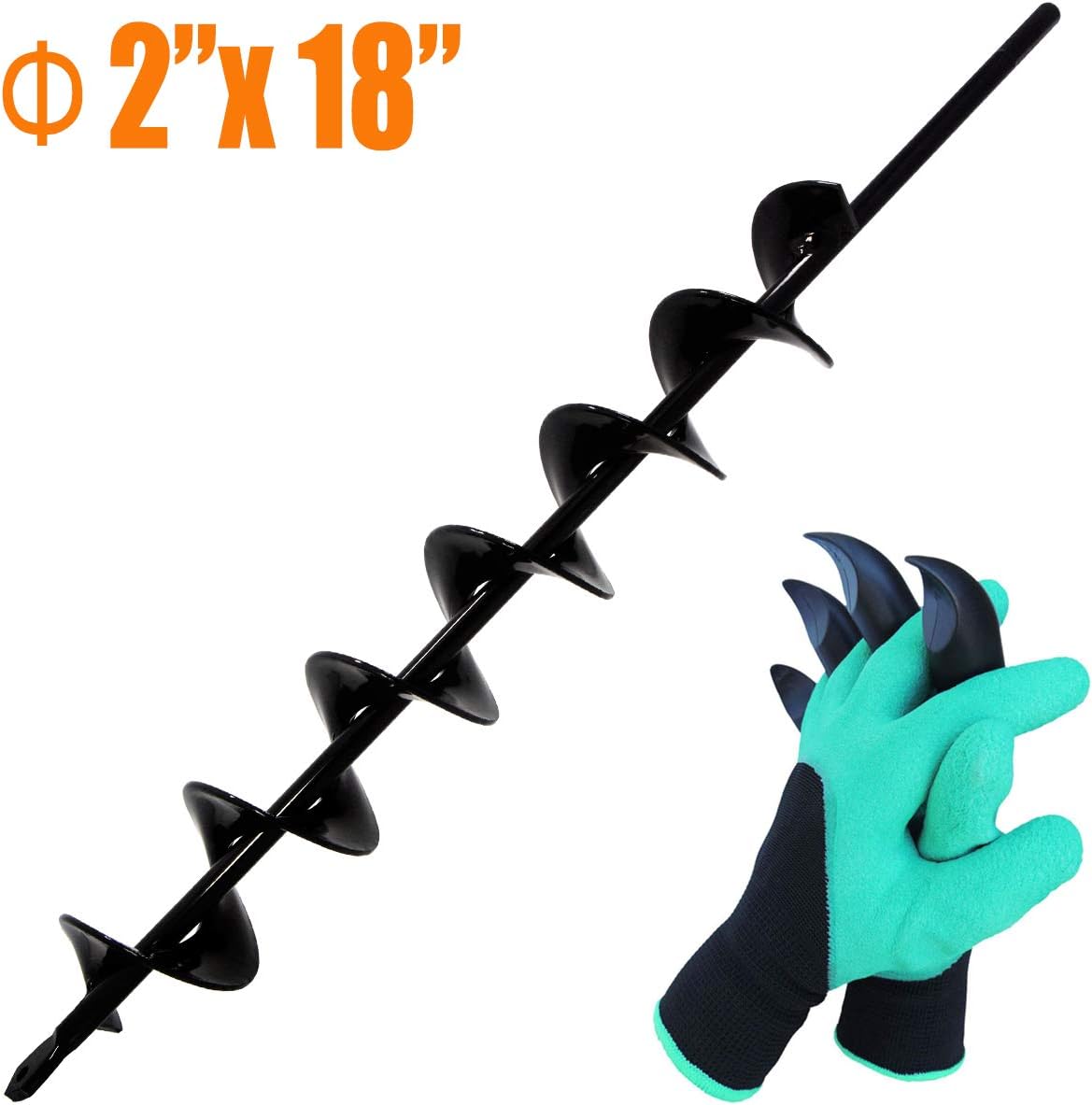 Koopi Auger Drill Bit for Planting, 2" x 18" Garden Plant Flower Bulb Auger, Rapid Planter for 3/8" Hex Drive Drill, Post Hole Digger with Bonus Garden Genie Gloves （Advanced Blade）