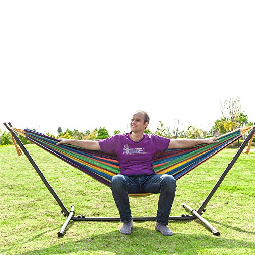 ONCLOUD Double Hammock with 9 FT Stand Space Saving Carrying Case (Rainbow)