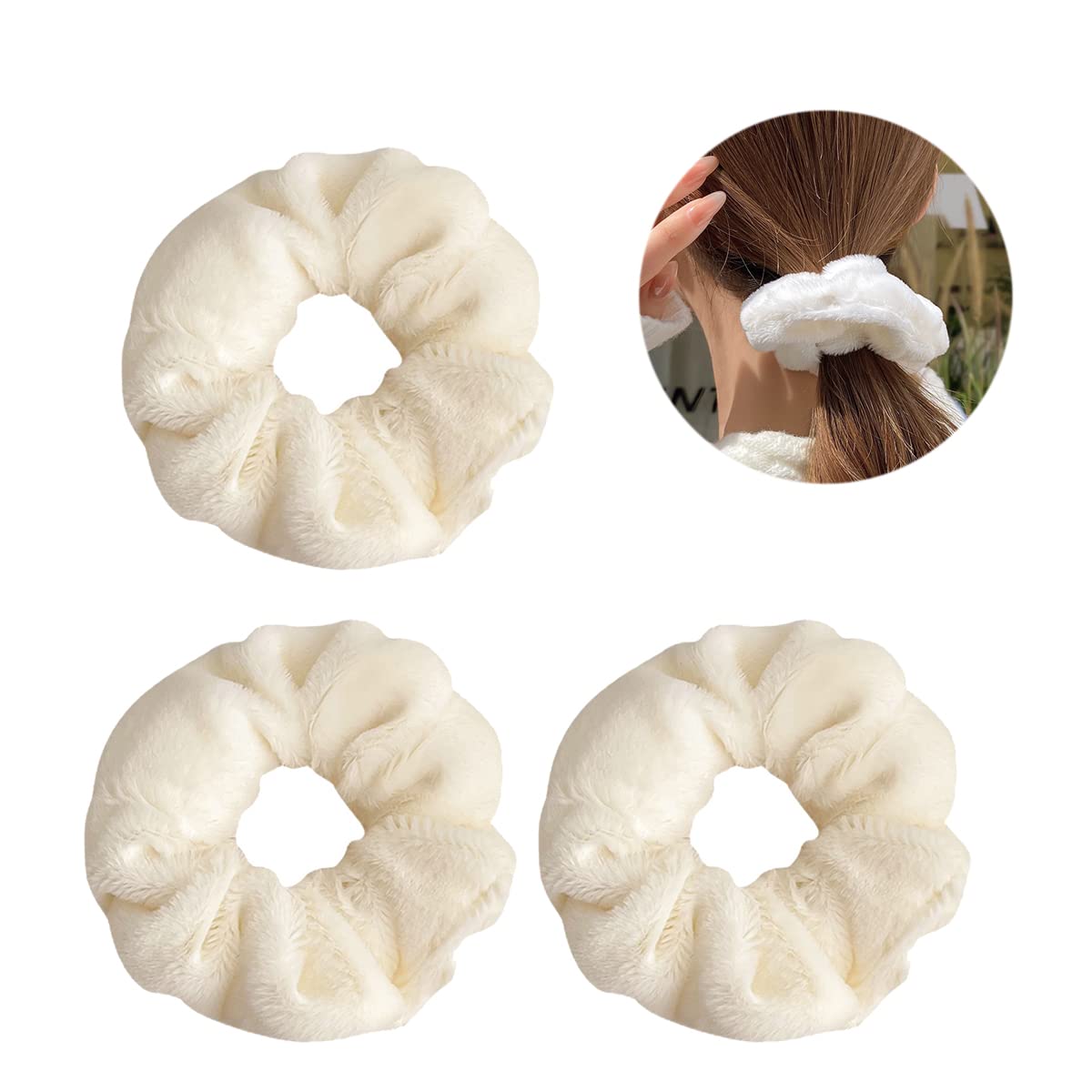 scicent 3 Pieces Fluffy White Hair Scrunchies for Women Girls Breakage Frizz Prevention Soft Elastic Ponytail Holders for Thick Hair 217305