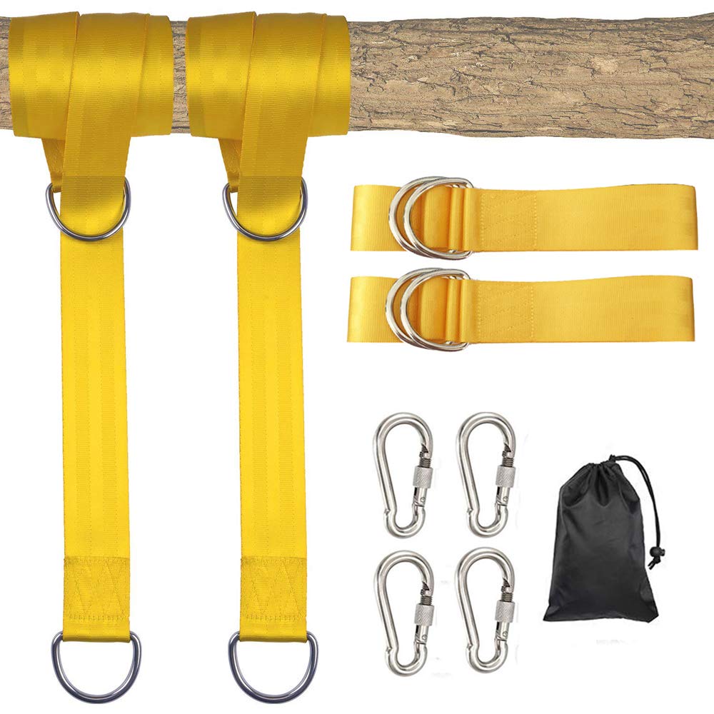 Kaxich 2pcs Tree Swing Hanging Straps, 1.5m/5ft Extra Long Straps with Safer Lock Snap Carabiner Hooks Holds 1000 kg/2200 lbs, Perfect for Tree Swing/Hammocks Yellow