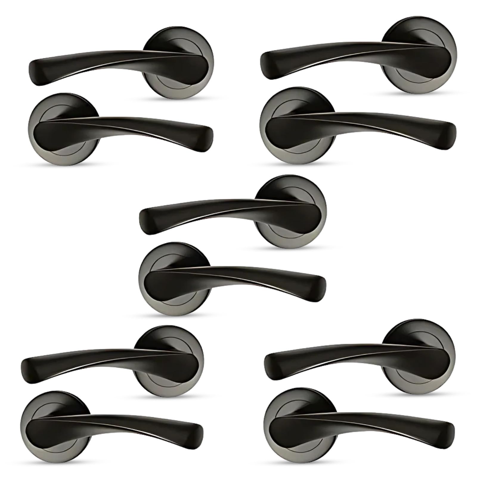 HANDLESTORE Twist Lever on Rose Door Handles – 5 Pack, Matt Black Finish, Pairs with Spindles & Fixings