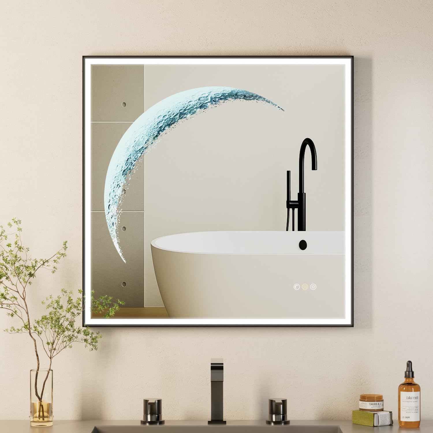 Photo 1 of *USED*
Callsky LED Bathroom Mirror, 32x32 inch Square Black Frame Mirror with 3 Color Lights, Half Moon Light, Defogger, Wall Mounted LED Vanity Mirror for Bedroom, Entryway, Living Room, Home Decor