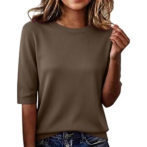 Arispjct Half Sleeve Tops for Women Elbow Length Crew Neck Loose Blouse Summer Casual 3/4 Sleeve Shirts Elderly Women Clothes