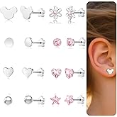 DAILI Hypoallergenic 14K Gold Earrings for Girls Women, Toddler Screw Back Baby Earrings for Sensitive Ears Silver Kids Earrings Cute Flower Heart Star Ball Dot Mouse Titanium Flat Back Stud Earring Sets