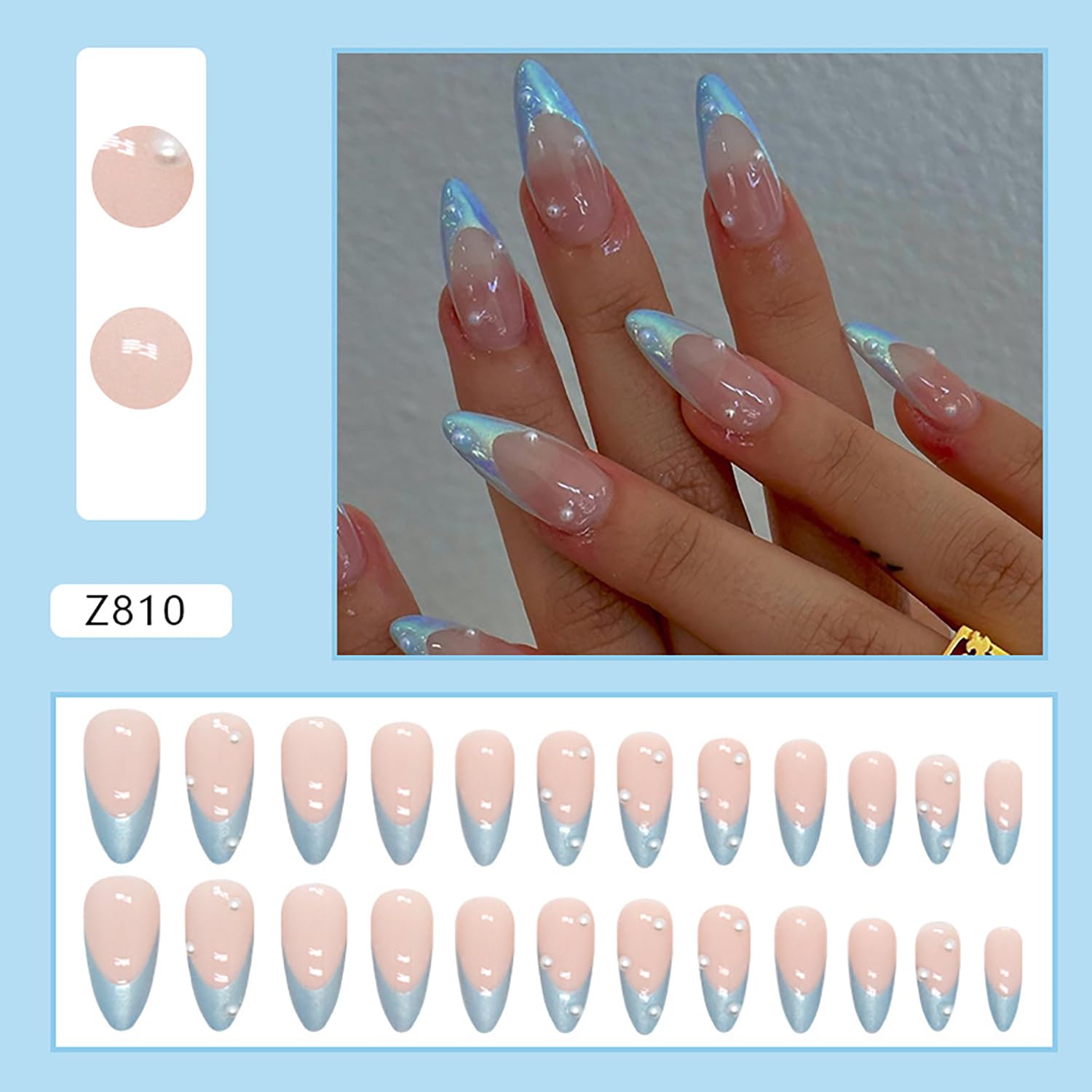 LOPMNGHT Blue French Tip Press on Nails Medium Almond Shaped False Nails Artificial Acrylic Nails Pearl Design French Fake Nails 24Pcs Full Cover Glossy Reusable Coffin Nails Glue on Nails for Women - Image 3