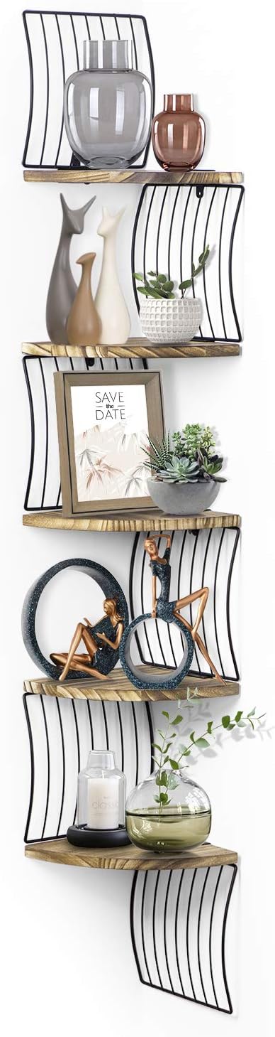 Love-KANKEI Corner Shelf Wall Mount of 5 Tier Rustic Wood Floating Shelves for Bedroom Wall Shelves Living Room Bathroom Kitchen Office and More Carbonized Black: Home & Kitchen