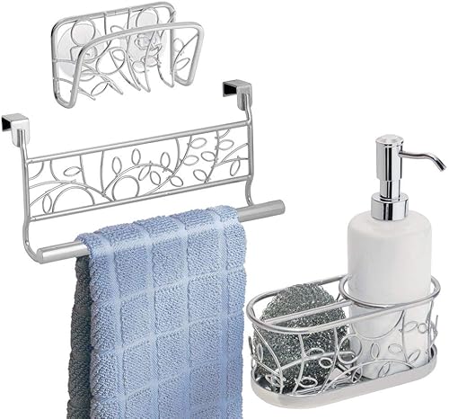 Decorative Metal Kitchen Sink, Countertop Combo - Includes Dish Soap Pump with Scrubber Caddy, In-Sink Suction Soap/Sponge Holder, Over Cabinet Door Towel Bar - Vines, Set of 3 - Silver/White by mDesign