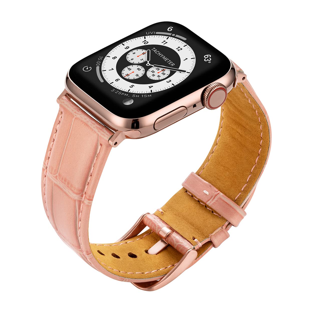 Buckle & Band Miam Luxury Compatible Apple Watch Strap Pink Genuine Leather Band with Rose Gold Buckle for Series 1, 2, 3, 4, 5, 6, 7 42mm, 44mm, 45mm