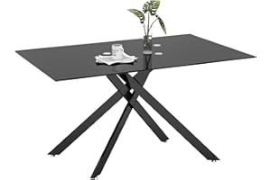 51.18 inch Rectangular Clear Tempered Glass Dining Table for 4, Kitchen Table Stylish Design with Black Metal Legs for Home D