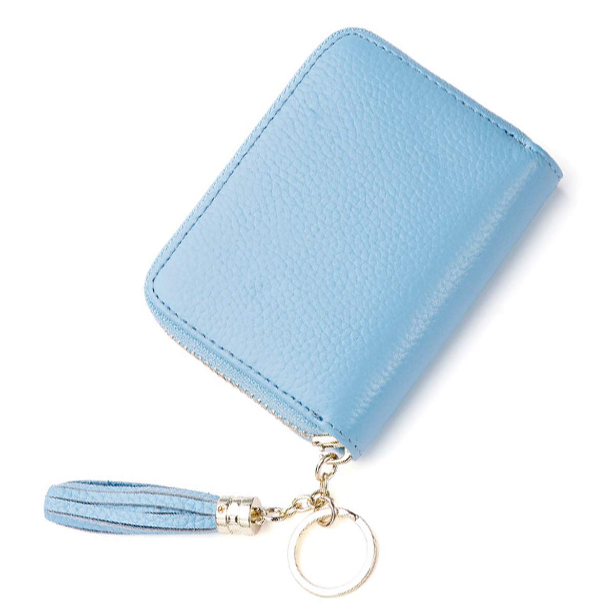 ZhengYue Credit Card Holder Blocking PU Leather Mini Credit Card Wallet Purse Key Chain with Zipper for Women Men Light Blue