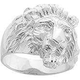 Fine 925 Sterling Silver Textured Band Lion Head Ring for Men