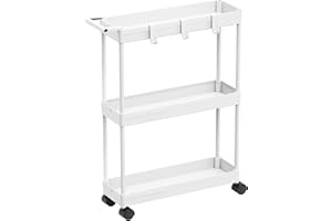 SimpleHouseware 3-Tier Slim Rolling Cart with Handle and Hooks for Narrow Storage Places in Bathroom, Laundry and Kitchen, Wh