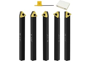 HAOWOSI Metal Lathe Cutting Tools,5pcs 1/4'' Shank Indexable Carbide Lathe Turning Tool Holder with Tin Coated Carbide Inserts,Carbide Lathe Tools for Turning Grooving Threading
