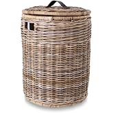 The Basket Lady Round Wicker Laundry Hamper, XL, Serene Grey | 23" Dia x 28" H - 4.6 cu-ft capacity, includes removable fabric liner - Handcrafted by artisans from natural rattan